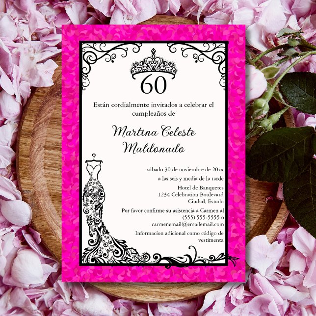 Invitation Espagnol Hot rose Black tendance 60e fête d'annive (Créateur téléchargé)