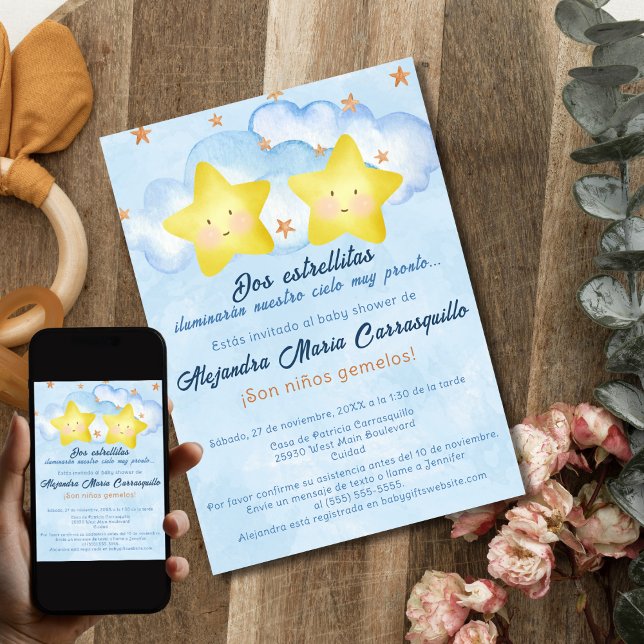 Invitation Espagnol Little Stars Baby shower Blue Twin Boys (Créateur téléchargé)