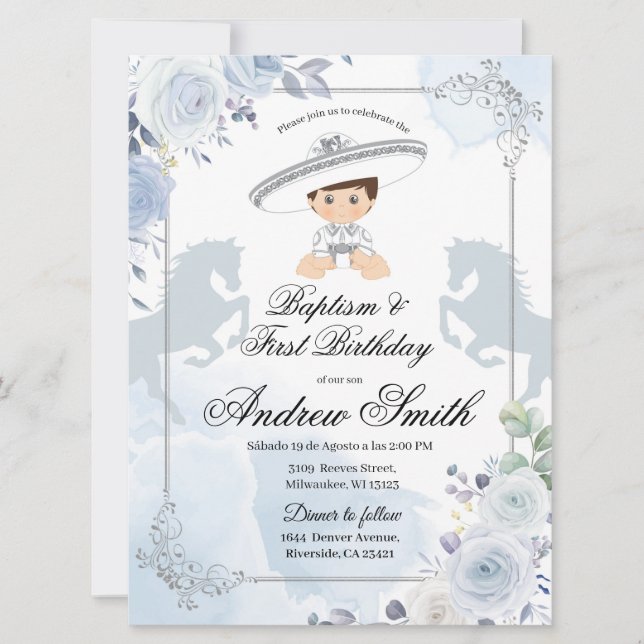 Invitation Espagnol Mexicain Argent Charro Baptême & Annivers (Devant)