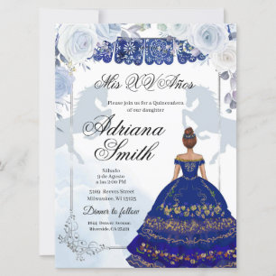 Invitation Espagnol Mexicain Mis Quince Marine Bleu Argent