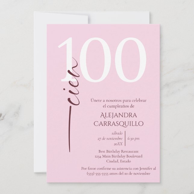 Invitation Espagnol minimaliste féminin rose 100e anniversair (Devant)