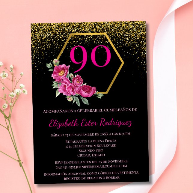 Invitation Espagnol moderne Black Gold & Pink 90e anniversair (Créateur téléchargé)