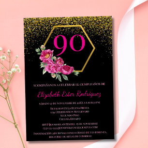 Invitation Espagnol Moderne Or Noir et Rose 90e Anniversaire