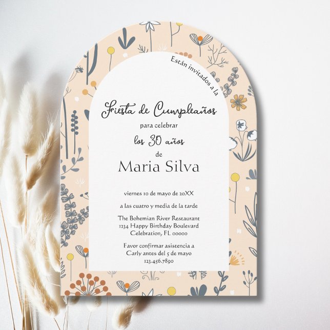 Invitation Espagnol N'importe quel âge Boho Fleur sauvage fêt (Créateur téléchargé)