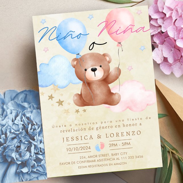 Invitation Espagnol Nino o Nina Bear Balloon Genre Reveilla (Spanish Nino o Nina Bear Balloon Gender Reveal Invitation)