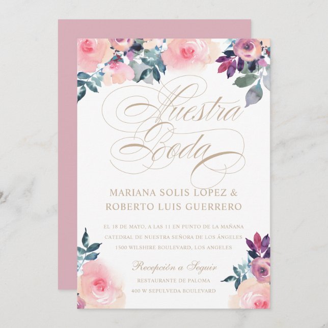 Invitation Espagnol Nuestra Boda flores pintadas rosada morad (Devant / Derrière)