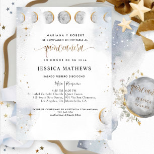 Invitation Espagnol, Or, Blanc Silver Celestial Quinceañera