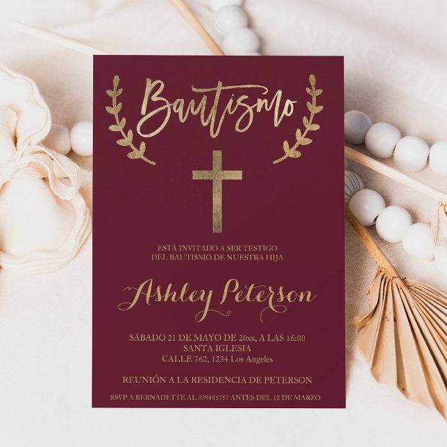 Invitation Espagnol Or bordeaux rouge élégant script baptême (Spanish Gold burgundy red elegant script baptism Invitation)