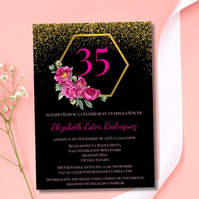 Invitation Espagnol Or Noir Beau Rose 35e Anniversaire (Créateur téléchargé)