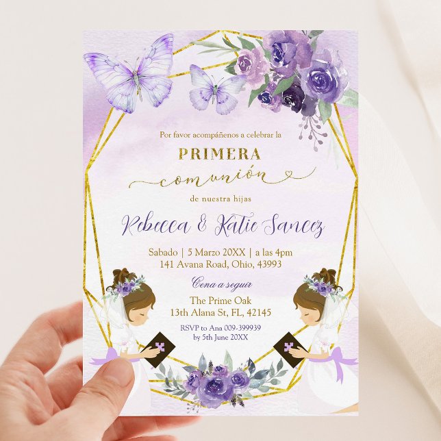 Invitation Espagnol Papillon violet jumeaux Primera Comunion (Créateur téléchargé)