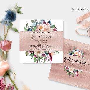 Invitation Espagnol, Pastel Floral et Rose Gold Quinceañera