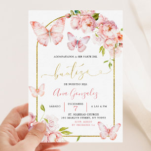 Invitation Espagnol Peony Floral Butterfly Girl Bautizo