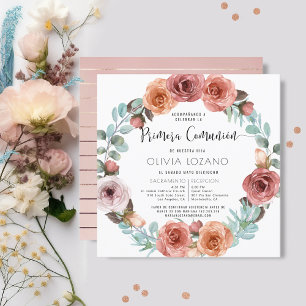Invitation Espagnol, Premier Rose Communion Or Blush Floral