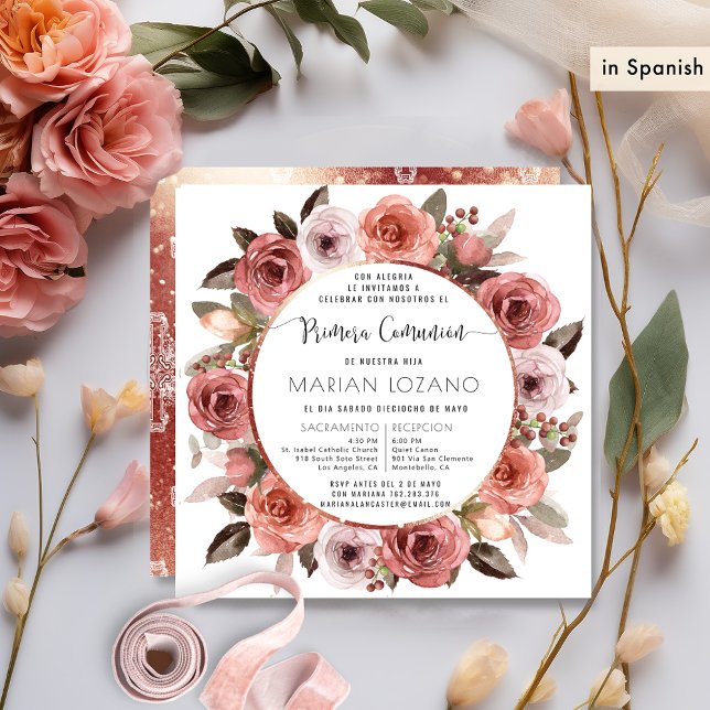 Invitation Espagnol, Première Communion, Floral Or Rose (Créateur téléchargé)