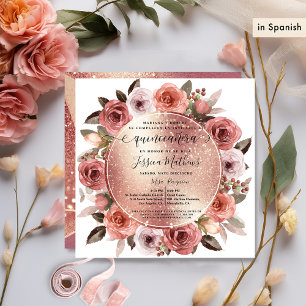 Invitation Espagnol, Quinceanera Blush Floral Rose Gold Parti