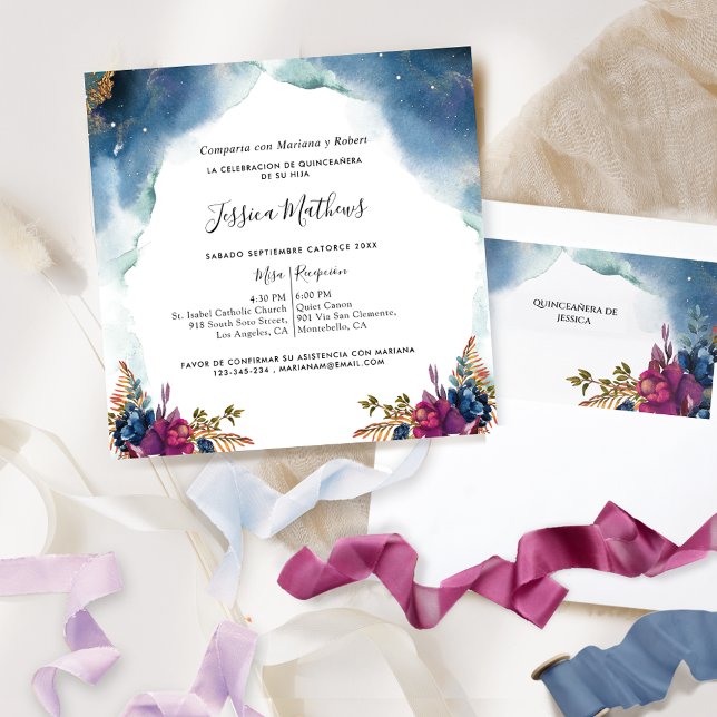 Invitation Espagnol, Quinceañera céleste, Violet bleu, Turquo (Créateur téléchargé)