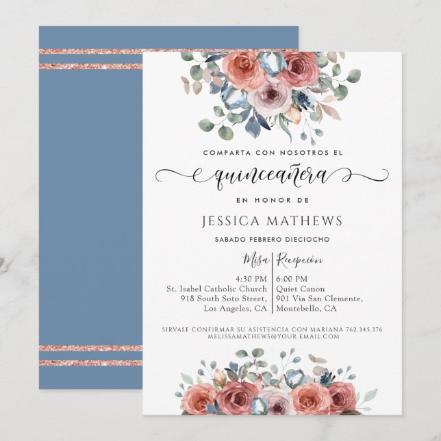 Invitation Espagnol, Quinceañera Dusty Blue Rose Gold Floral (Devant / Derrière)