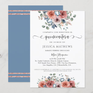 Invitation Espagnol, Quinceañera Dusty Blue Rose Gold Floral