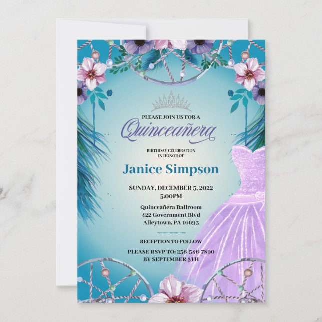 Invitation Espagnol Quinceañera plume Dream attrcher Invitati (Devant)