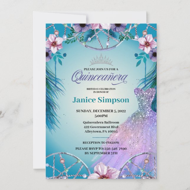 Invitation Espagnol Quinceañera plume Dream attrcher rose Inv (Devant)