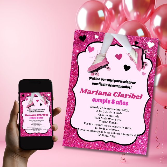 Invitation Espagnol Retro Parties scintillant rose fille de p (Créateur téléchargé)