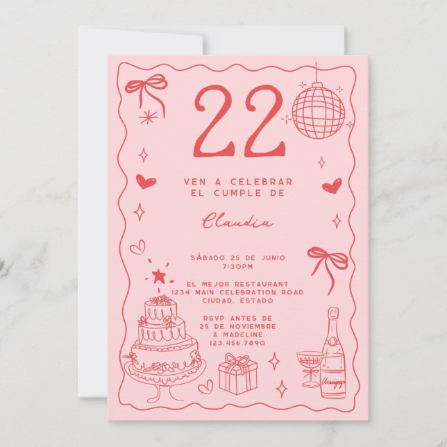 Invitation Espagnol Retro Quirky Red Pink 22e anniversaire (Devant)