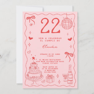 Invitation Espagnol Retro Quirky Red Pink 22e anniversaire