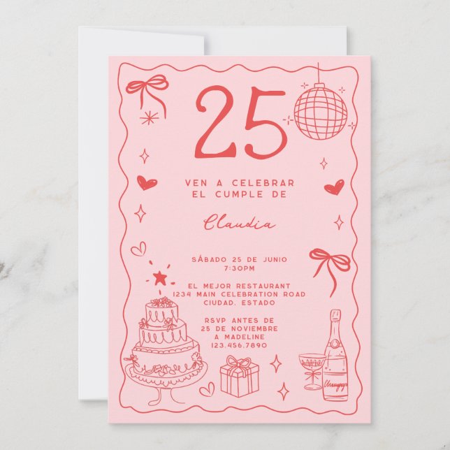 Invitation Espagnol Retro Quirky Red Pink 25e anniversaire (Devant)