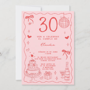 Invitation Espagnol Retro Quirky Red Pink 30e anniversaire