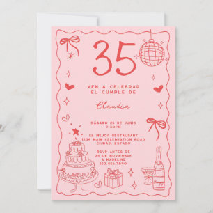 Invitation Espagnol Retro Quirky Red Pink 35e anniversaire