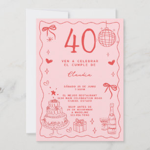 Invitation Espagnol Retro Quirky Red Pink 40e anniversaire