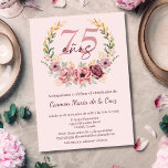 Invitation Espagnol rose élégant Floral 75e fête d'anniversai<br><div class="desc">Célébrez son 75ème anniversaire avec une élégance intemporelle en utilisant cette magnifique invitation espagnole dans les tons rose, bordeaux et or. Le design est composé d'un arrière - plan rose vif et doux, rehaussé d'un cadre circulaire fleuri agrémenté de délicates fleurs roses, mauves et bordeaux, d'accents dorés et d'une végétation...</div>