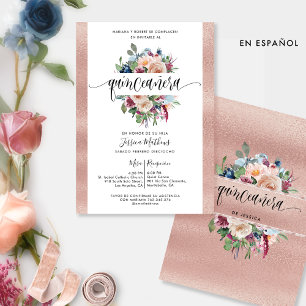 Invitation Espagnol, Rose Gold Pastel Floral Quinceañera Inv