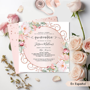 Invitation Espagnol, Rose, Or Rose, Quinceanera Floral Blush