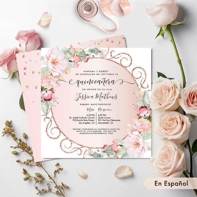 Invitation Espagnol, Rose, Or Rose, Quinceanera Floral Blush (Créateur téléchargé)