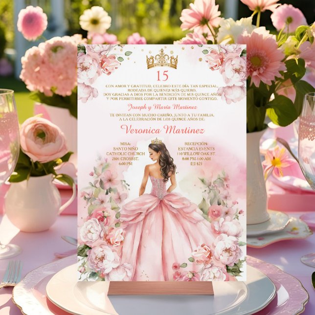 Invitation Espagnol Rose princesse Or 15 Años Anniversaire (Créateur téléchargé)
