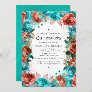 Invitation Espagnol Turquoise et Corail Floral Quinceañera
