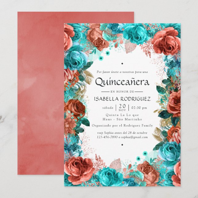 Invitation Espagnol Turquoise et Corail Floral Quinceañera In (Devant / Derrière)