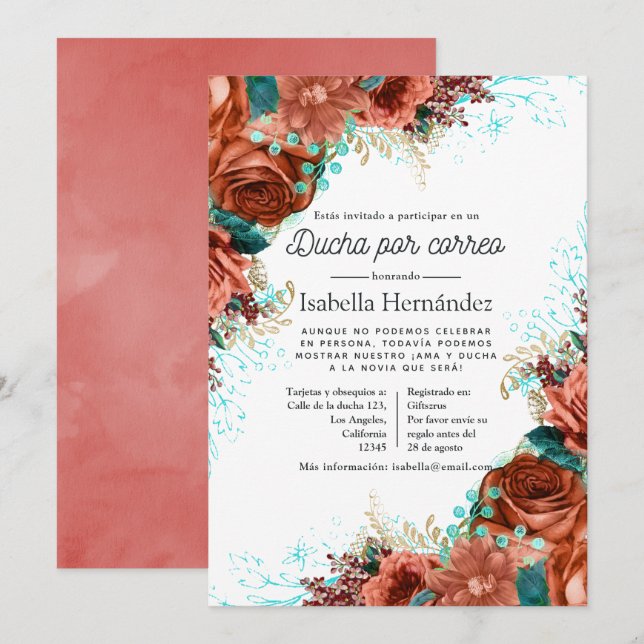 Invitation Espagnol Turquoise et Coral Floral Douche par cour (Devant / Derrière)