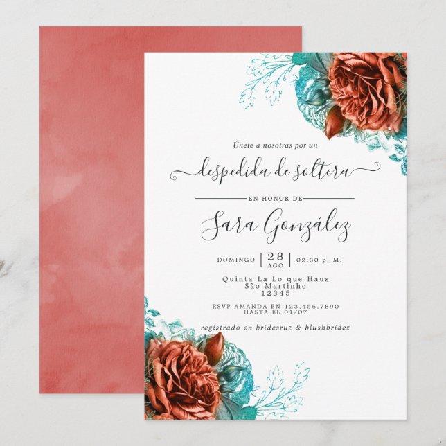 Invitation Espagnol Turquoise et Coral Floral Fête des mariée (Devant / Derrière)