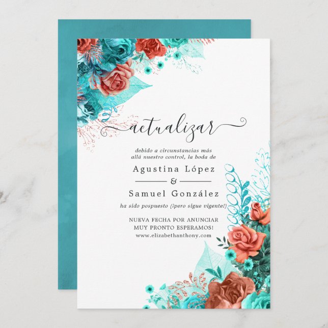 Invitation Espagnol Turquoise et Coral Floral Mariage (Devant / Derrière)