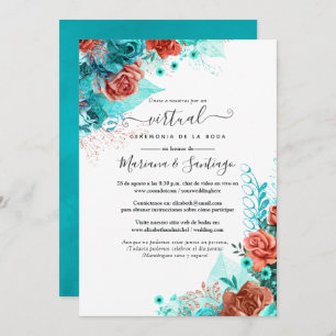 Invitation Espagnol Turquoise et Coral Floral Mariage virtuel