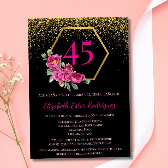 Invitation Espagnol Unique Noir & Or Rose 45e Anniversaire (Créateur téléchargé)