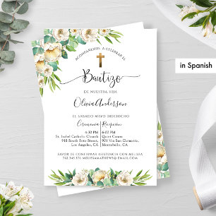 Invitation Espagnol, Verdure et Baptême Floral Blanc