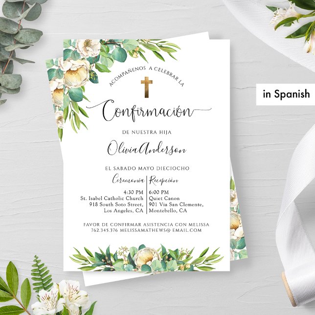 Invitation Espagnol, Vert Blanc Jaune Floral Confirmation (Créateur téléchargé)