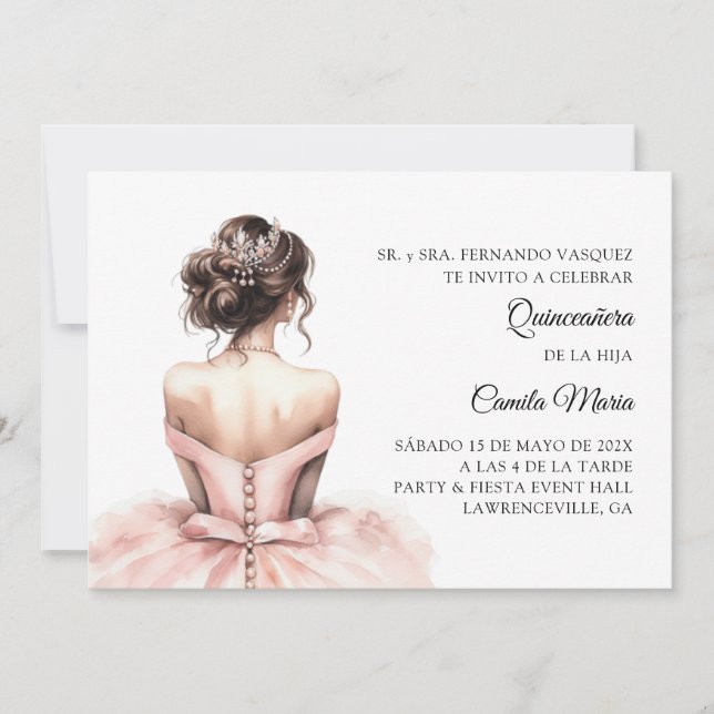 Invitation espagnole de Quinceañera rose (Devant)