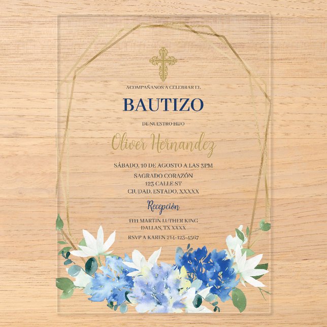 Invitation espagnole florale bleue pour baptême (Recto)