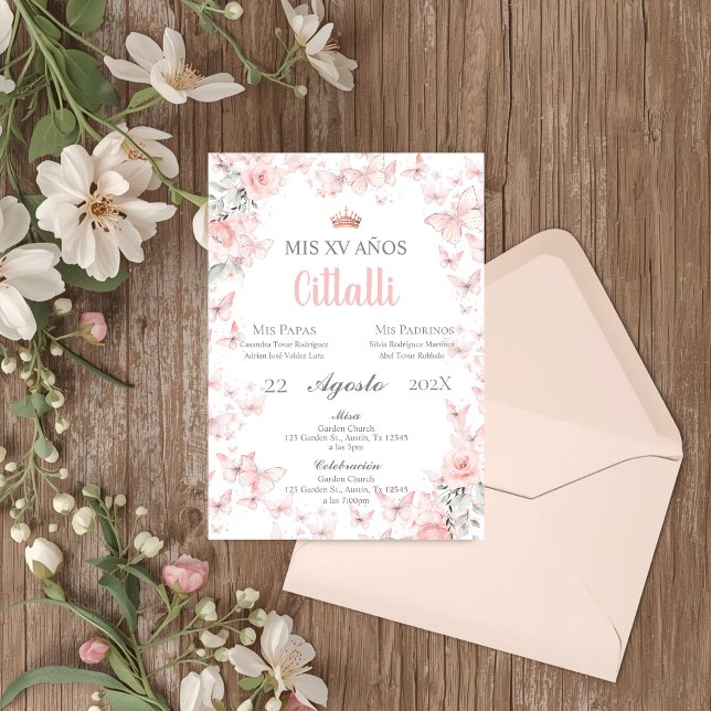 Invitation espagnole pour Quinceañera Papillon Ros (Créateur téléchargé)