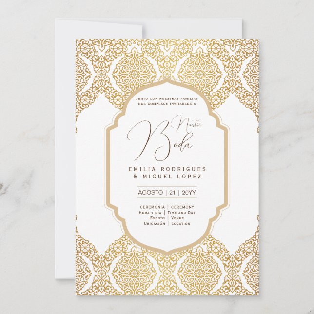 Invitation Espanol Invitación Boda Elegant Blanc Or Ornate (Devant)
