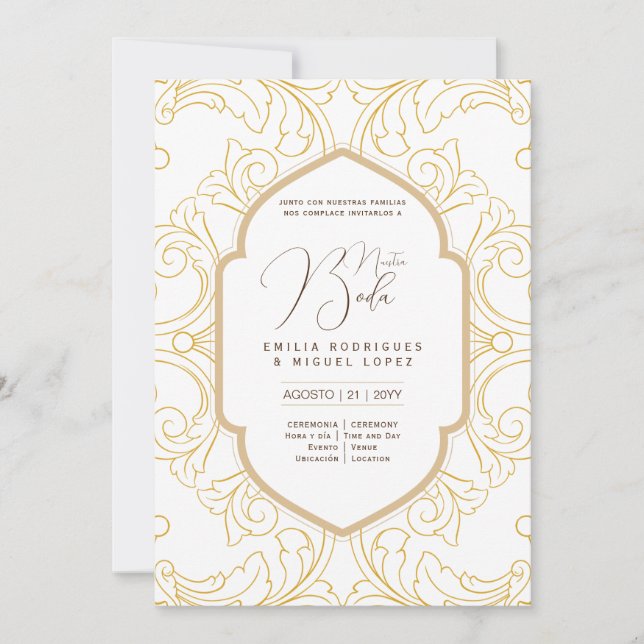 Invitation Espanol Invitación Boda Elegant Blanc Or Ornate (Devant)